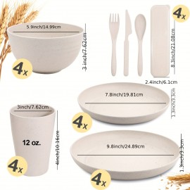 28pcs Wheat Straw Dinnerware Set for 4, Wheat Straw Plates and Bowls Set, Light Weight Dinnerware Reusable Dishwasher Microwave Safe, Deep Plastic Plates, Cereal Bowls, Cups and Utensils Sets