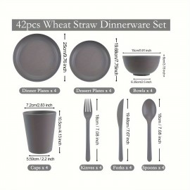 42pcs Wheat Straw Dinnerware Set, Reusable Plastic Plates, Dark Grey Unbreakable Dinner Plates, Plates And Bowls Sets, Hard Premium Deep Dinner Plates For College Dorm Room, Camping, Picninc