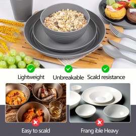 42pcs Wheat Straw Dinnerware Set, Reusable Plastic Plates, Dark Grey Unbreakable Dinner Plates, Plates And Bowls Sets, Hard Premium Deep Dinner Plates For College Dorm Room, Camping, Picninc