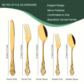 Retro Royal Silverware Flatware Set, 40 Pieces Stainless Stainless Forks Spoons Knives, Service For 8, Kitchen Utensils For Restaurant Home And Festival Parties, Mirror Polished