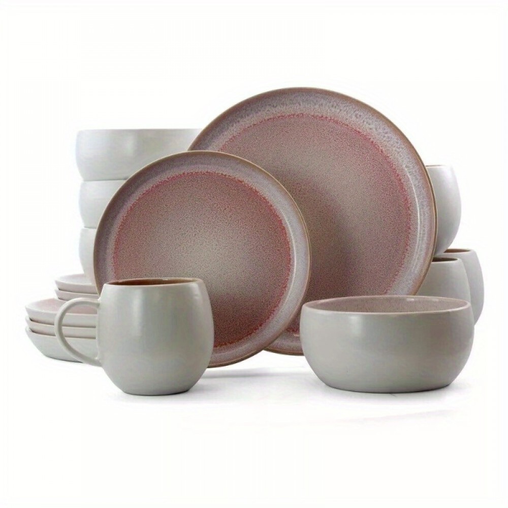 16pc Stoneware Sugar Dinnerware Set Pink 4 Salad Plates, 4 Mugs, 4 Bowls, 4 Dinner Plates