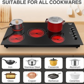 36-Inch Pro-Grade Electric Cooktop - 8000W Power, Knob Control, Built-In Design, Rapid Heat Up, Energy Efficient, Safe and Durable