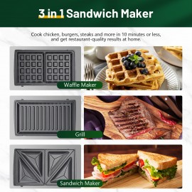 KEENSTAR 3 in 1 Sandwich Maker, Waffle Maker with 3 Removable Non-Stick Plates, Grill with Dual-Sided Heating, Easy Clean and Store, 800W Perfect for Cooking Breakfast, Panini, Cheese, and Grill Steak