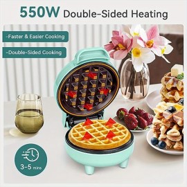 Mini Waffle Maker, 550W Waffle Iron, Ready Indicator Light, Cool Touch Handle, Non Stick Coating, Compact Size, Green