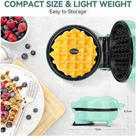 Mini Waffle Maker, 550W Waffle Iron, Ready Indicator Light, Cool Touch Handle, Non Stick Coating, Compact Size, Green