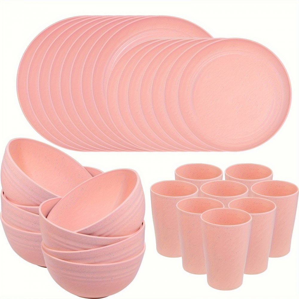 32pcs Pink Wheat Straw Dinnerware Sets, Pink Dishes for 8, Plates and Bowls Sets, Reusable Plastic Plates, Microwave Dishwasher Safe Plates, Pink Plastic Dinnerware Set, Pink Plastic Plates