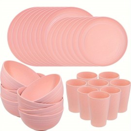 32pcs Pink Wheat Straw Dinnerware Sets, Pink Dishes for 8, Plates and Bowls Sets, Reusable Plastic Plates, Microwave Dishwasher Safe Plates, Pink Plastic Dinnerware Set, Pink Plastic Plates