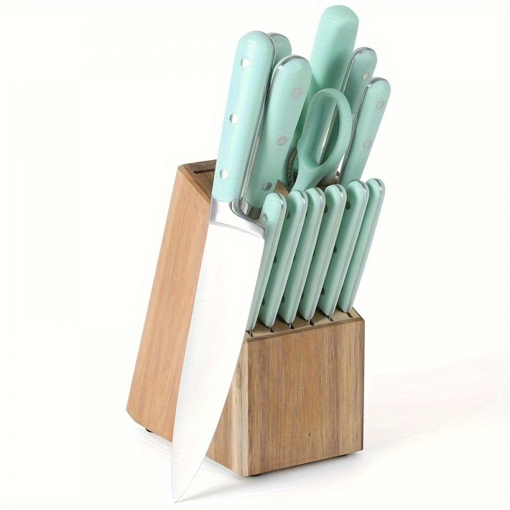 [ High End Upgrade ] 14 Piece Stainless Steel Tableware Set, Exquisite Acacia Wood Knife Holder, Green Handle With White Dot Decoration, Essential Kitchen Cooking Tool Combination