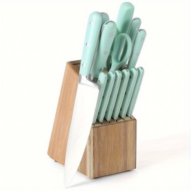 [ High End Upgrade ] 14 Piece Stainless Steel Tableware Set, Exquisite Acacia Wood Knife Holder, Green Handle With White Dot Decoration, Essential Kitchen Cooking Tool Combination