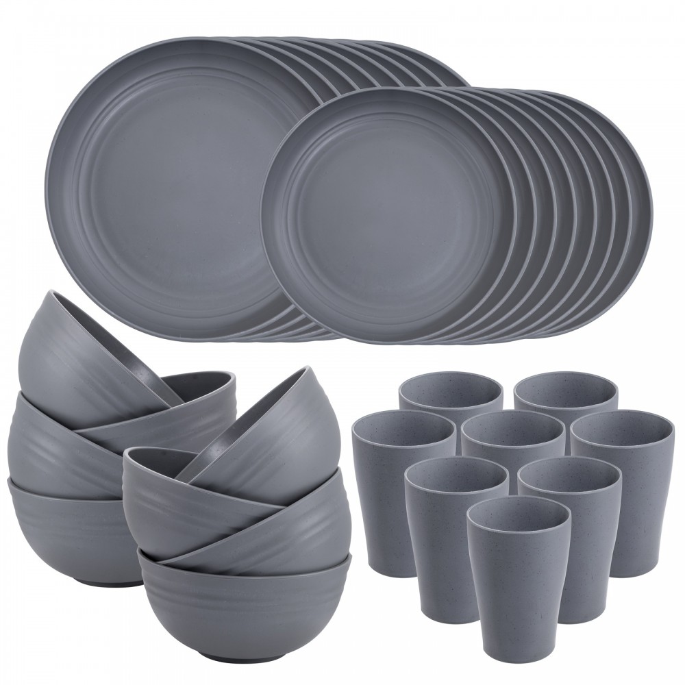 32pcs Wheat Straw Dinnerware Sets, Unbreakable Dinnerware Sets For 8, Reusable Tableware, Straw Tableware, Dark Grey Set 16pcs Plates, 8pcs Bowls, 8pcs Cups