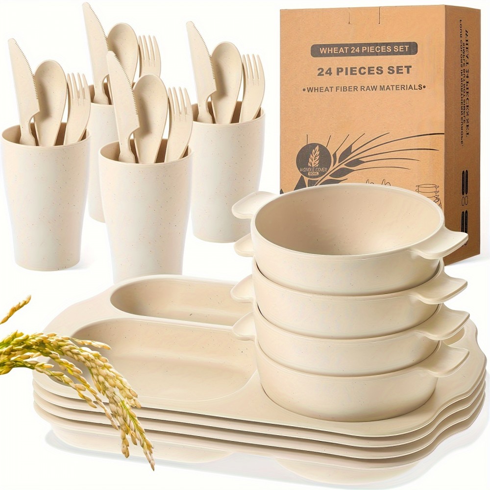 24pc Wheat Straw PP Plate Set, Unbreakable, BPA-Free, Reusable, Anti-scalding, Easy To Clean, Microwave Dishwasher Safe, Camping Utensils For Kitchen, Outdoor, Party, Home, Tableware Accessories, Beige