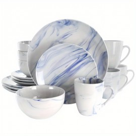 16pc Stoneware Fine Marble Dinnerware Set Blue/White Blue/White