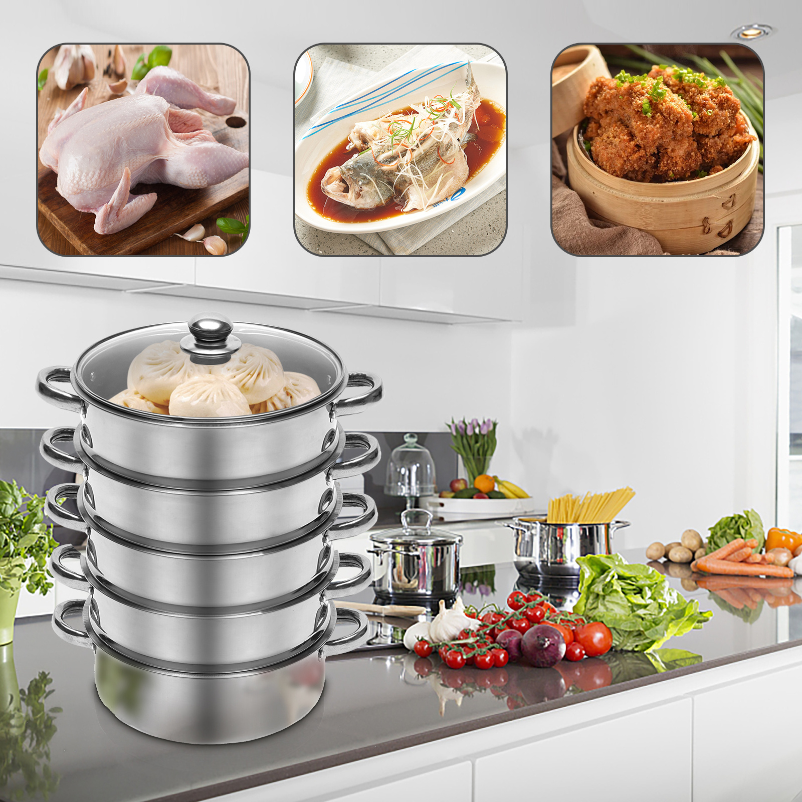 5 tier 26cm stainless steel steamer cooker   kitchen food cooking glass lid details 4