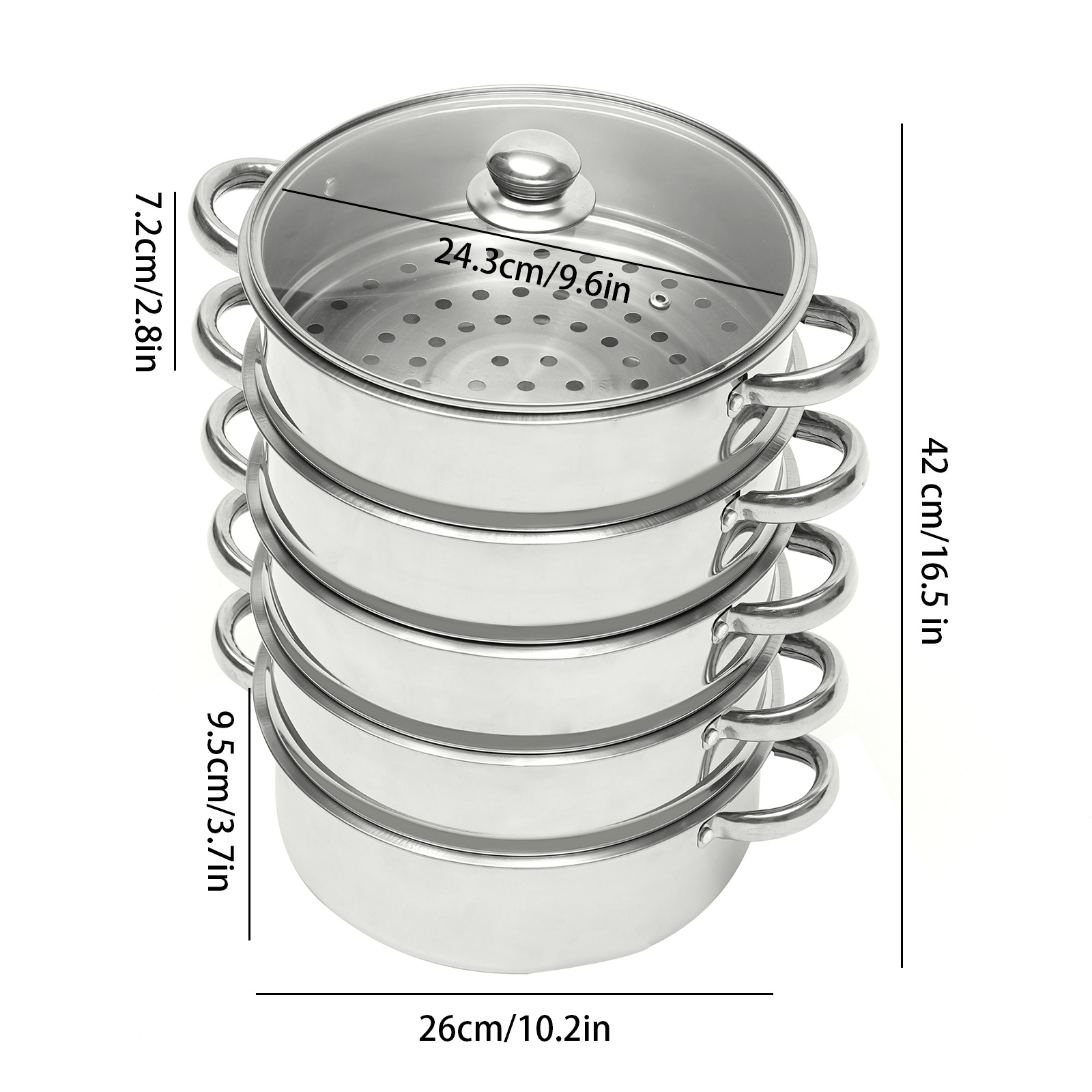 5 tier 26cm stainless steel steamer cooker   kitchen food cooking glass lid details 7