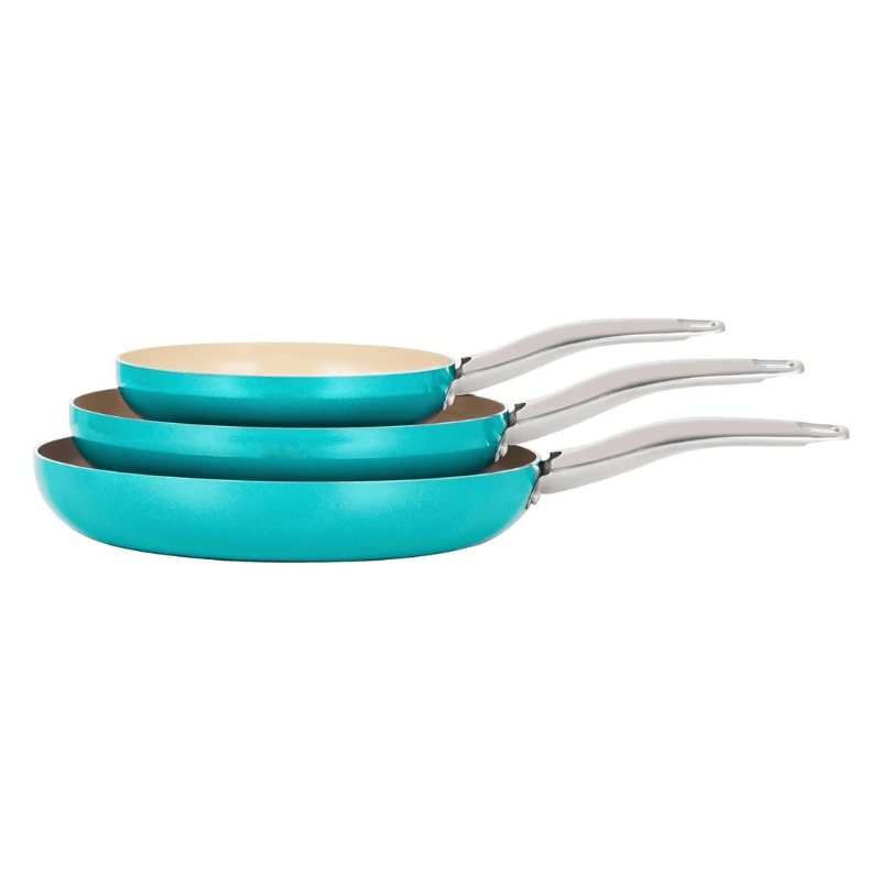 3 pack ceramic aluminum nonstick skillet frying pan in blue with stay   8in 10in 12in details 1