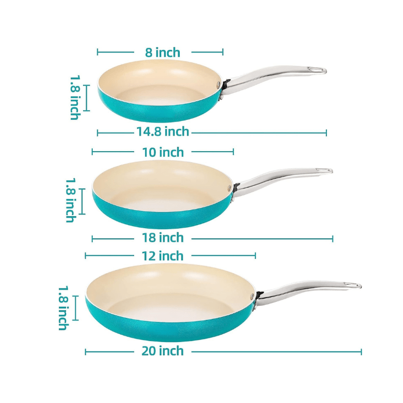 3 pack ceramic aluminum nonstick skillet frying pan in blue with stay   8in 10in 12in details 4