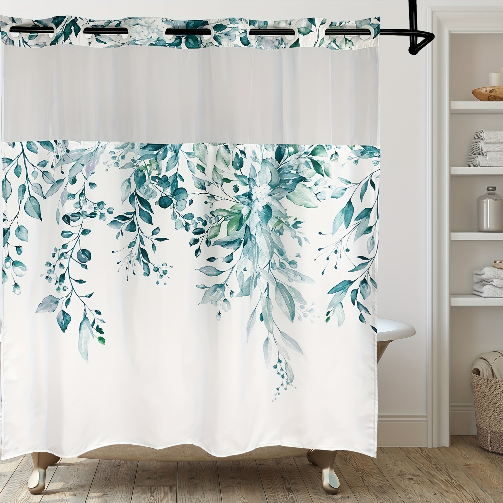 1pc no hook leaf print shower shower with snap in fabric liner sheer top window waterproof double layer bathtub bathroom accessories details 5