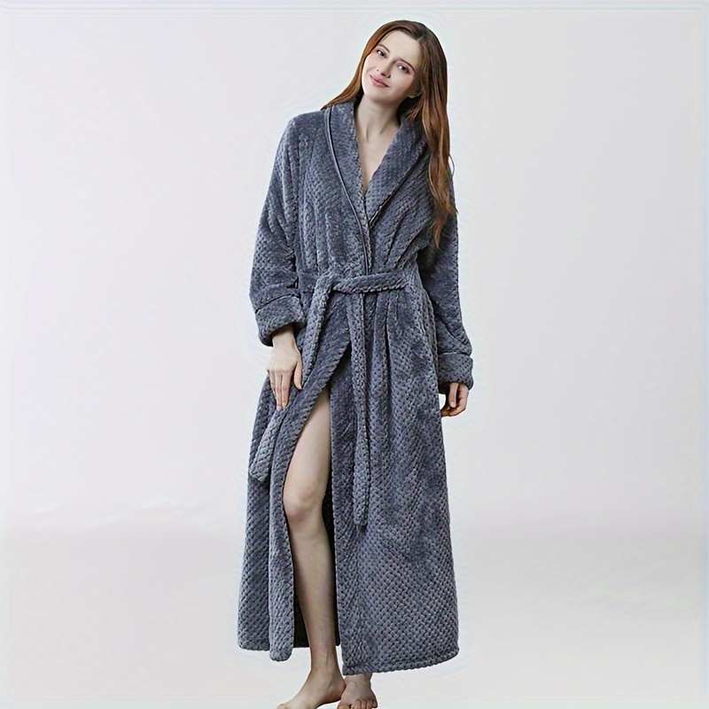 1pc thickened flannel bathrobe long sleeve long bathrobe soft coral velvet loungewear plush long robe for home bathroom supplies details 5