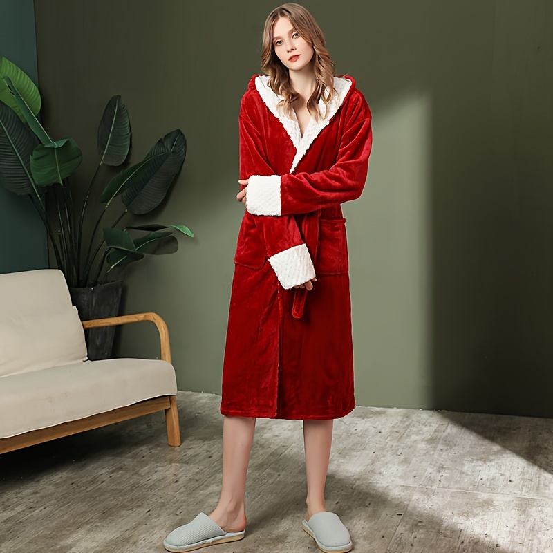 1pc womens flannel bathrobe thickened long sleeve bathrobe soft coral velvet loungewear hooded robe with pockets for home bathroom supplies details 1