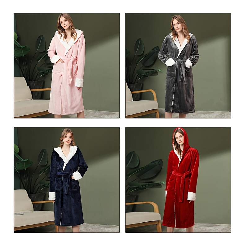 1pc womens flannel bathrobe thickened long sleeve bathrobe soft coral velvet loungewear hooded robe with pockets for home bathroom supplies details 3