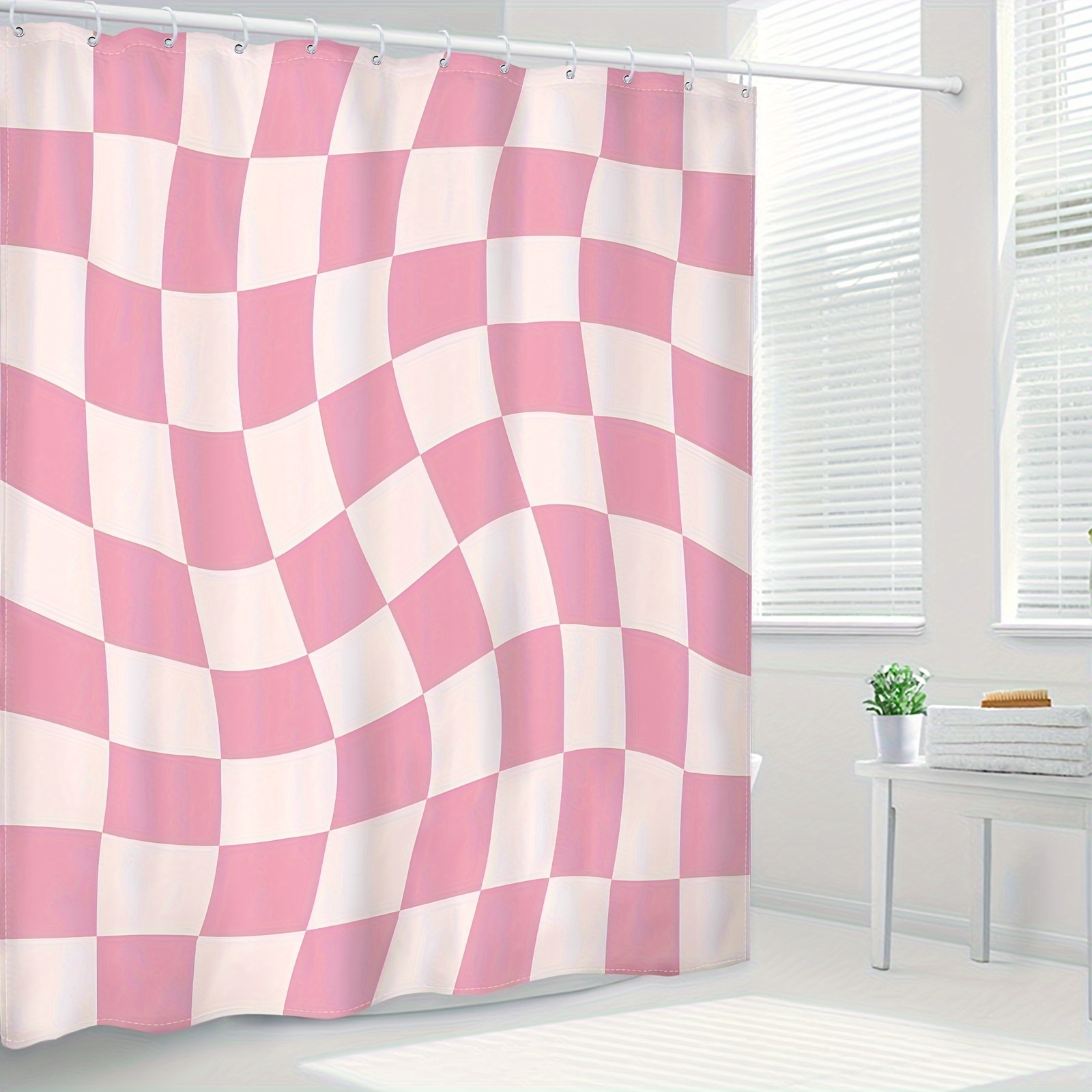 1pc pink abstract grid print waterproof polyester with 12 plastic hooks bathtub partition modern minimalist bathroom decor bathroom accessories details 2