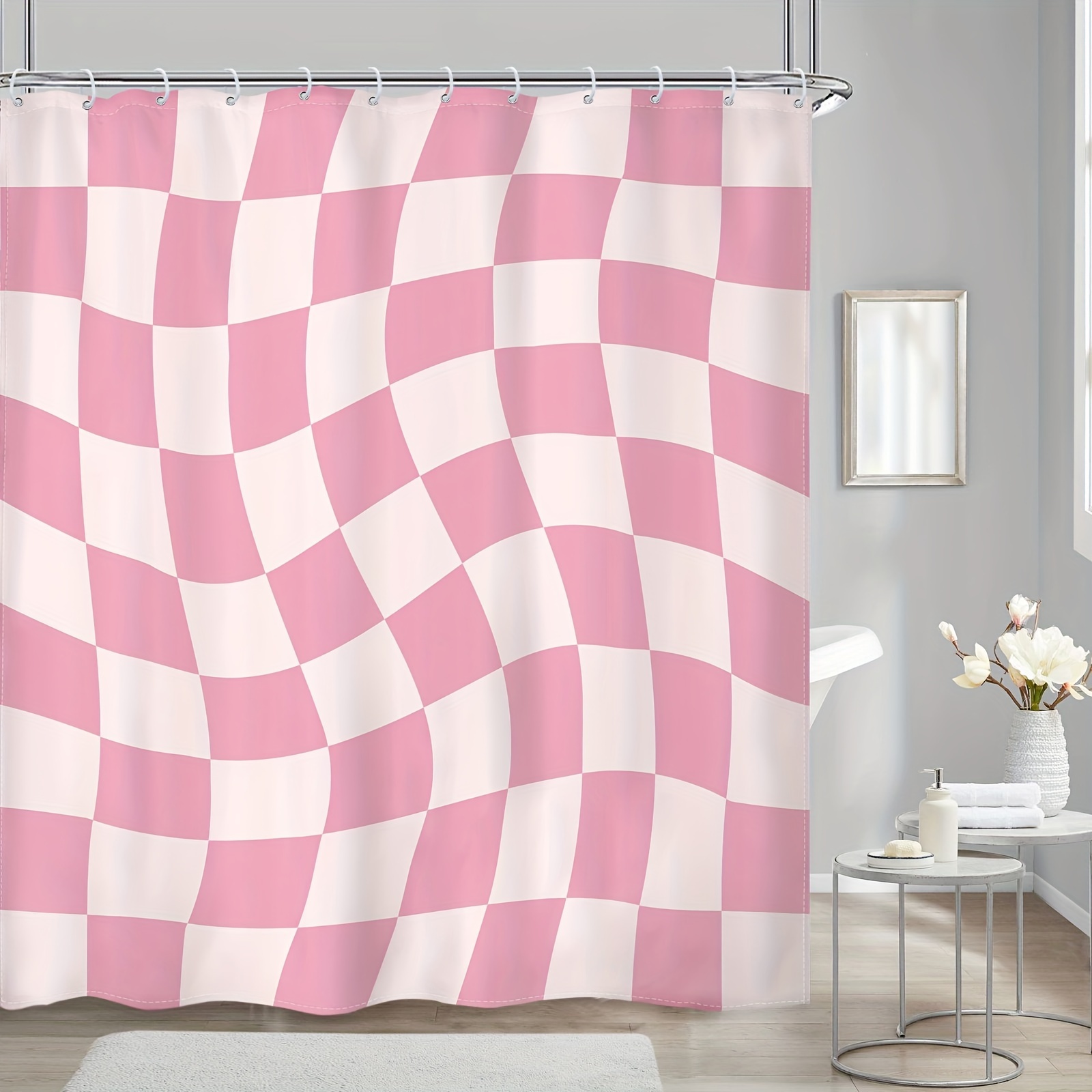 1pc pink abstract grid print waterproof polyester with 12 plastic hooks bathtub partition modern minimalist bathroom decor bathroom accessories details 7