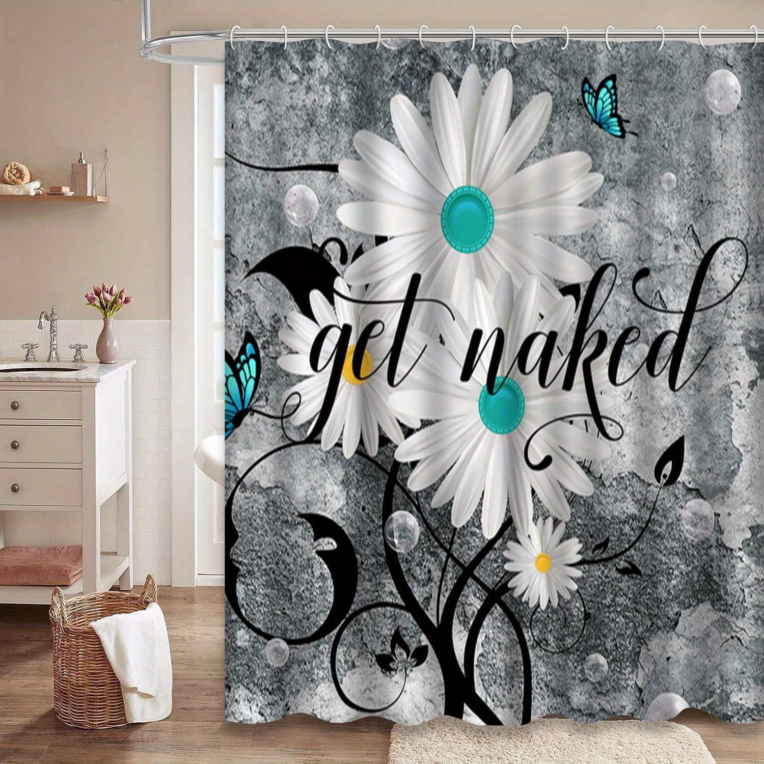 teal white shower daisy flower shower for bathroom with 12 hooks   art waterproof decorative bathroom decor 72 x 72 inch details 2