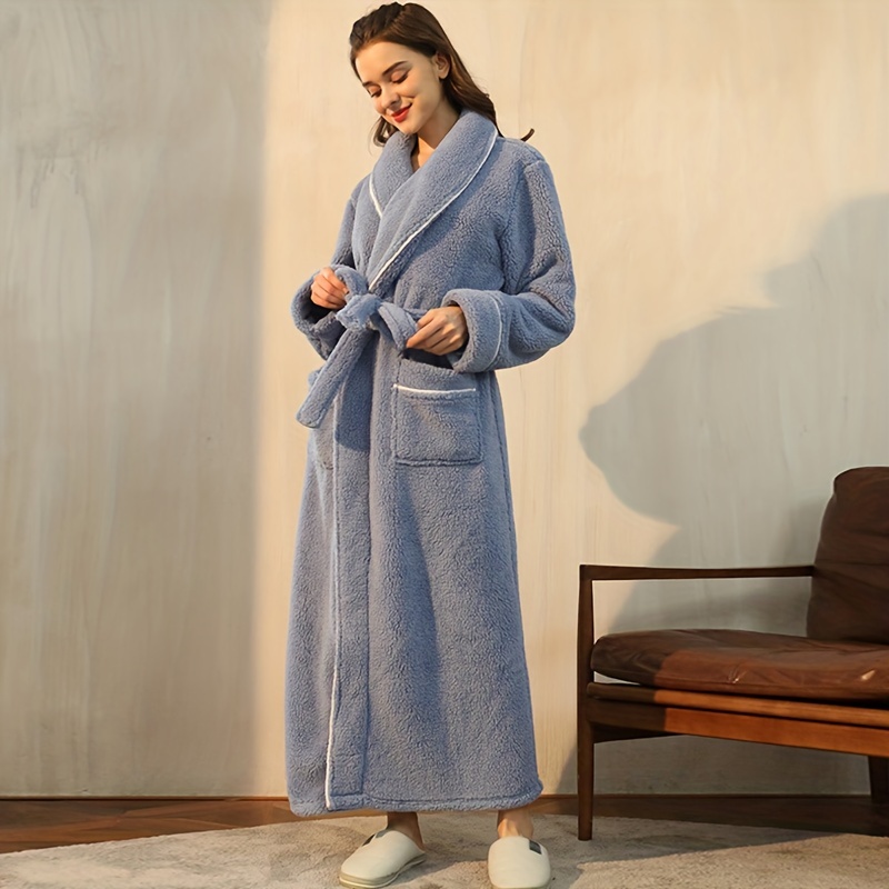 1pc autumn and winter bathrobe soft unisex pajamas thickened large size nightgown long sleeves bathrobe with pocket warm long robe for home bathroom supplies details 4