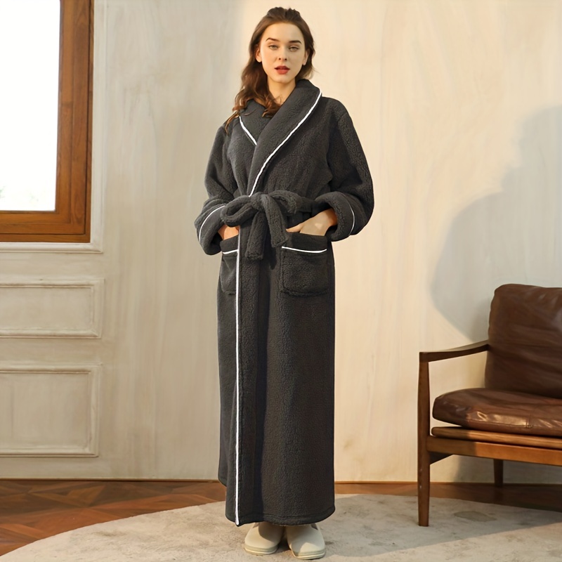 1pc autumn and winter bathrobe soft unisex pajamas thickened large size nightgown long sleeves bathrobe with pocket warm long robe for home bathroom supplies details 8