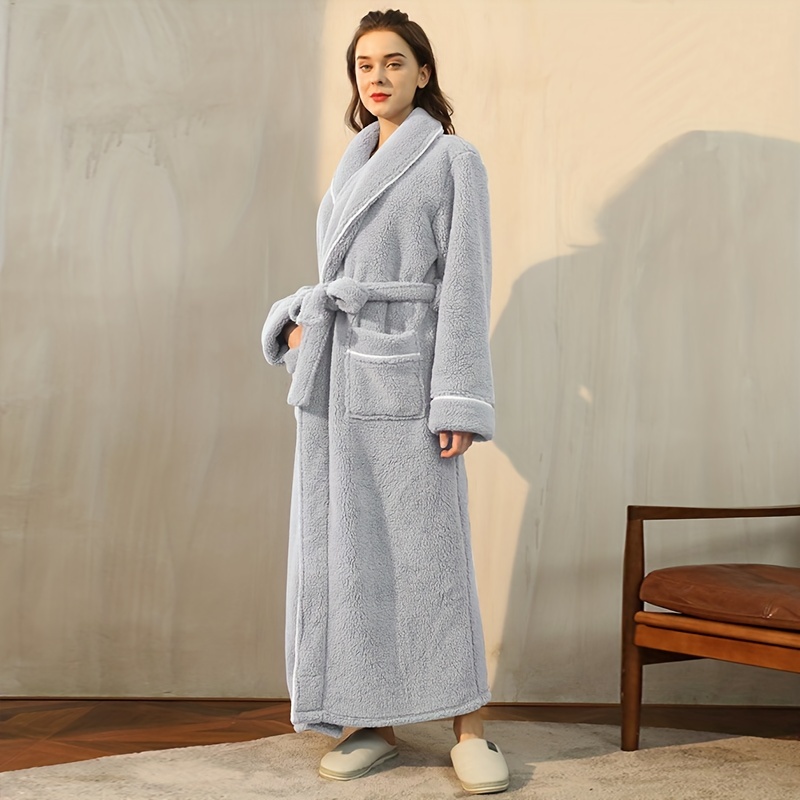 1pc autumn and winter bathrobe soft unisex pajamas thickened large size nightgown long sleeves bathrobe with pocket warm long robe for home bathroom supplies details 9