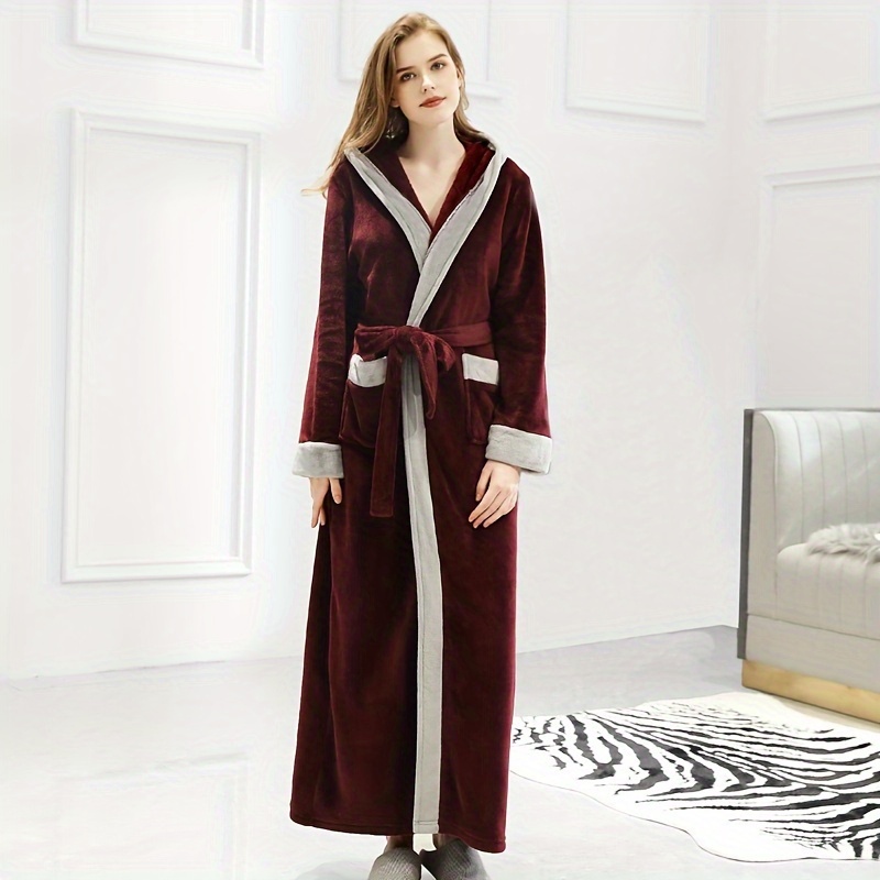 1pc autumn and winter bathrobe soft and skin friendly hooded long sleeve bathrobe thickened nightgown with pocket warm long robe for home bathroom supplies details 0