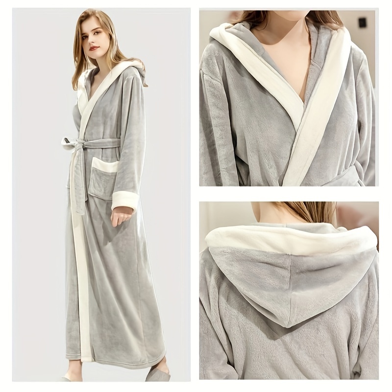 1pc autumn and winter bathrobe soft and skin friendly hooded long sleeve bathrobe thickened nightgown with pocket warm long robe for home bathroom supplies details 6