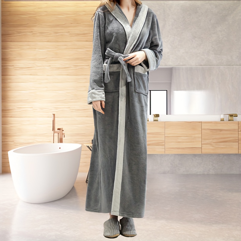 1pc autumn and winter bathrobe soft and skin friendly hooded long sleeve bathrobe thickened nightgown with pocket warm long robe for home bathroom supplies details 10