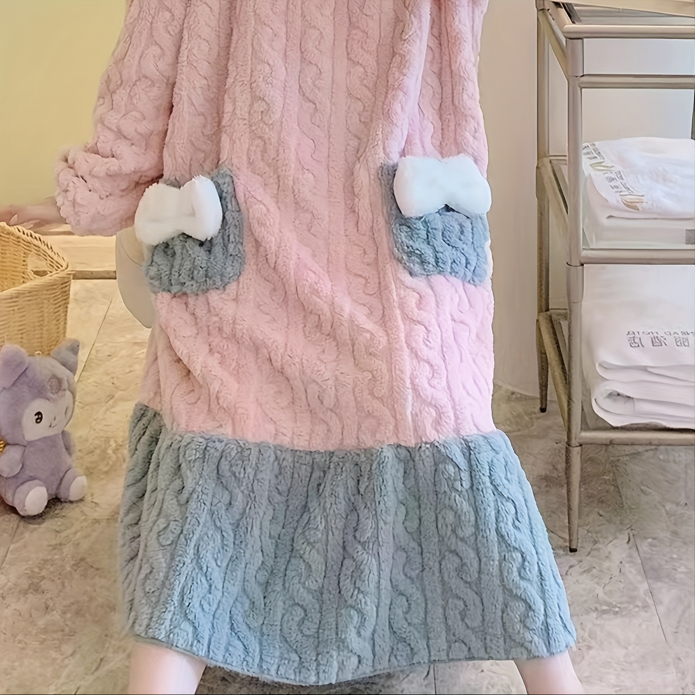 1pc cute flower bowknot pattern bathrobe thickened textured comfortable robe with pockets casual long sleeve loungewear bathroom supplies home supplies details 2