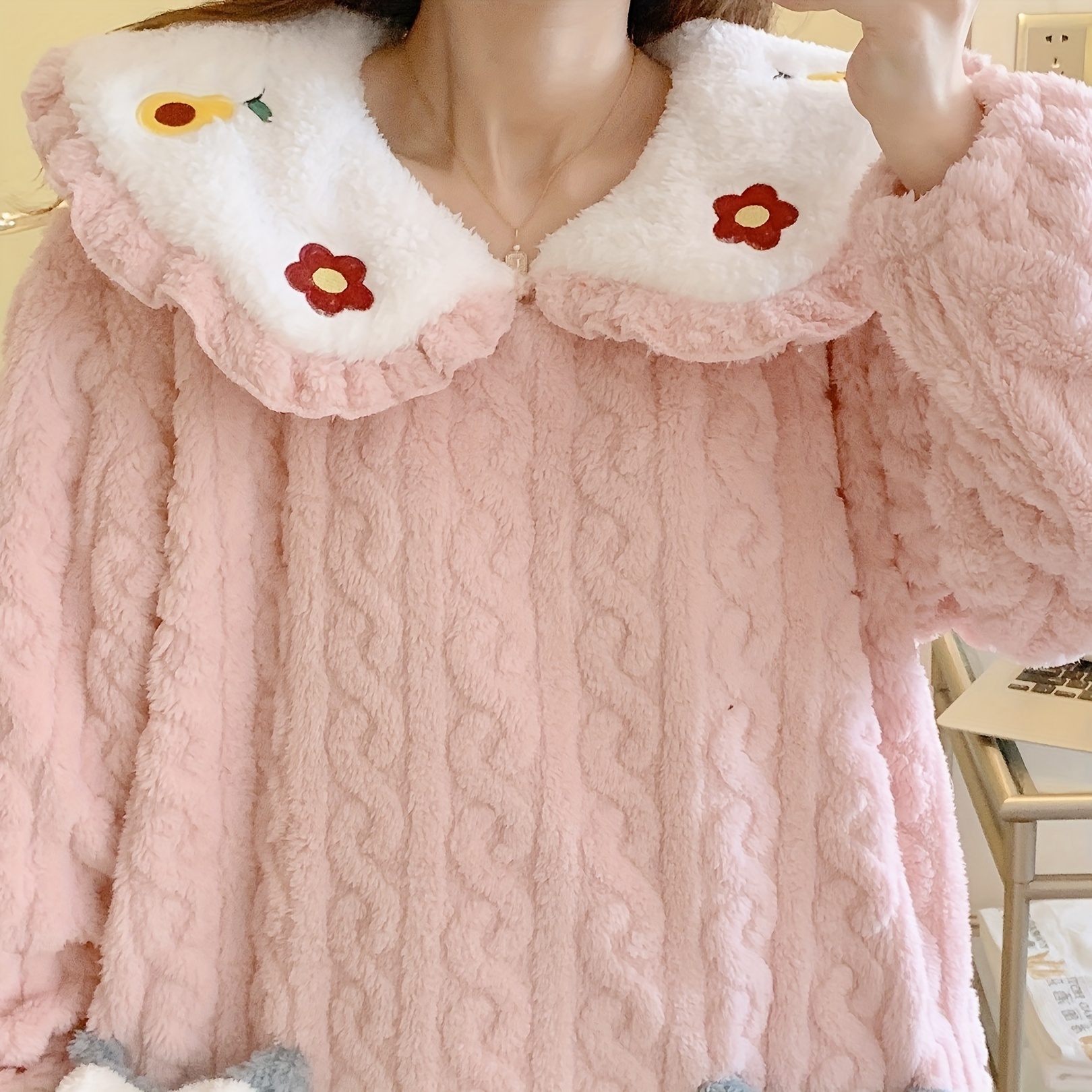 1pc cute flower bowknot pattern bathrobe thickened textured comfortable robe with pockets casual long sleeve loungewear bathroom supplies home supplies details 5