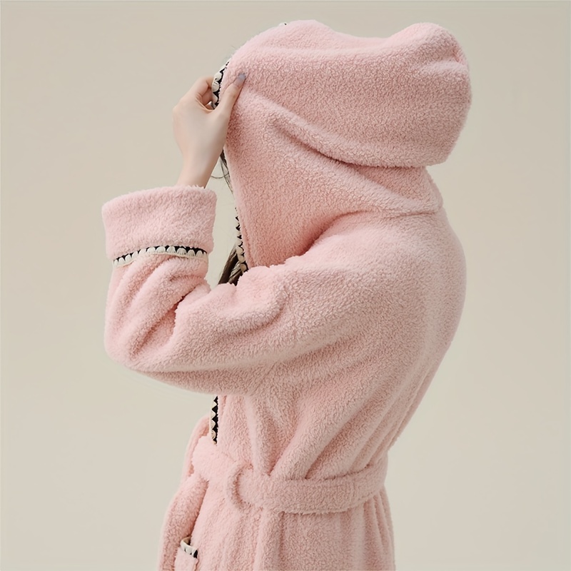 1pc coral fleece bathrobe thickened long sleeve long bathrobe soft couples pajamas nightgown long robe for autumn and winter bathroom supplies details 0