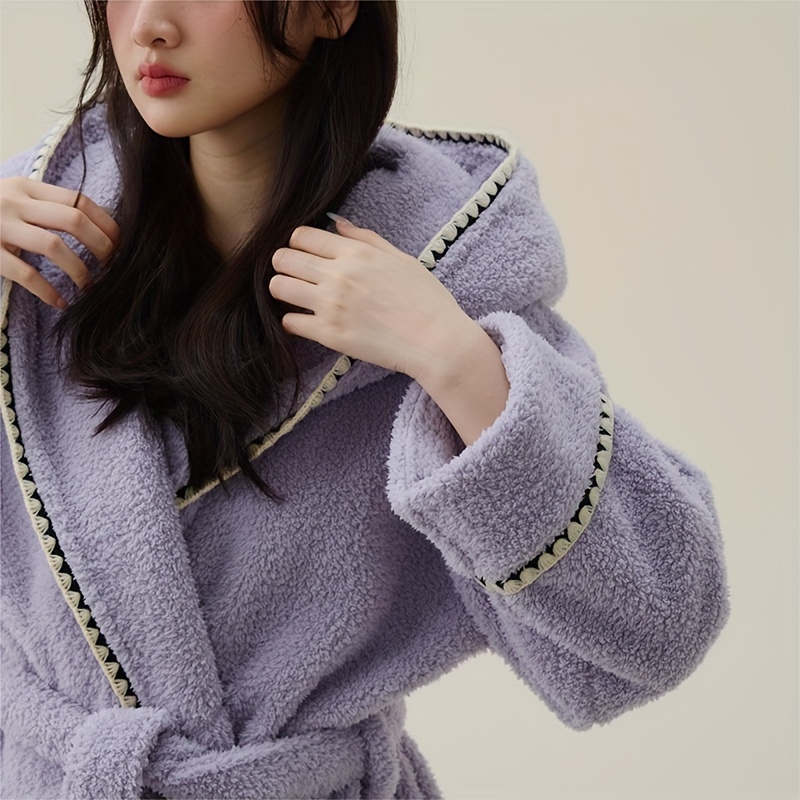 1pc coral fleece bathrobe thickened long sleeve long bathrobe soft couples pajamas nightgown long robe for autumn and winter bathroom supplies details 1