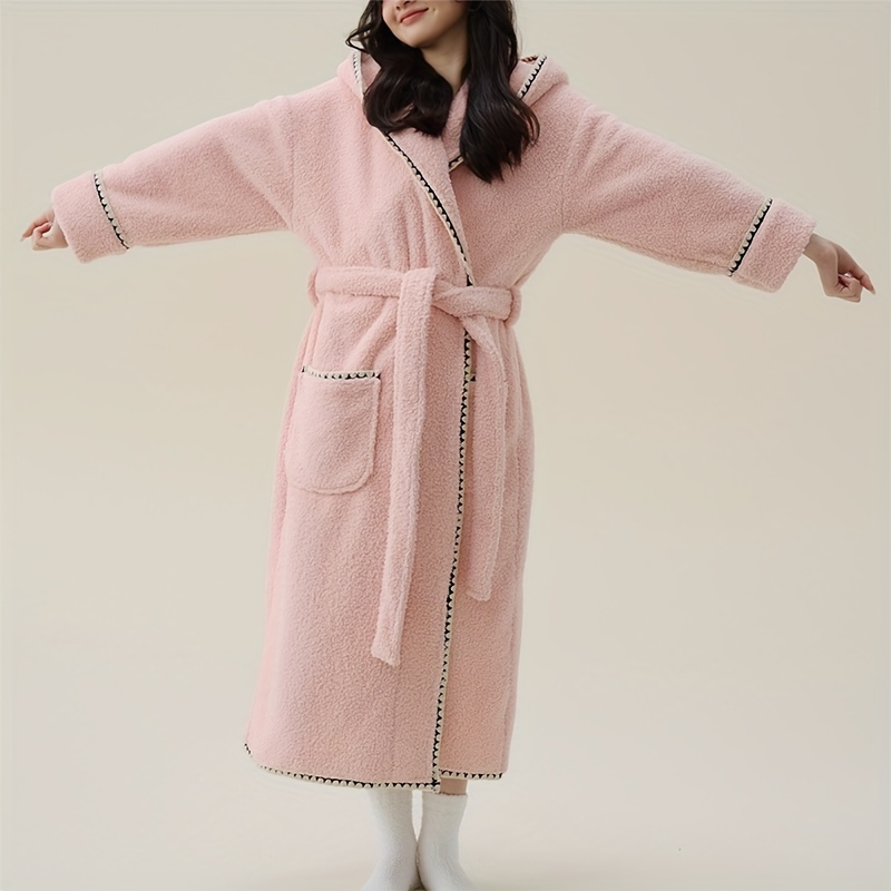 1pc coral fleece bathrobe thickened long sleeve long bathrobe soft couples pajamas nightgown long robe for autumn and winter bathroom supplies details 4