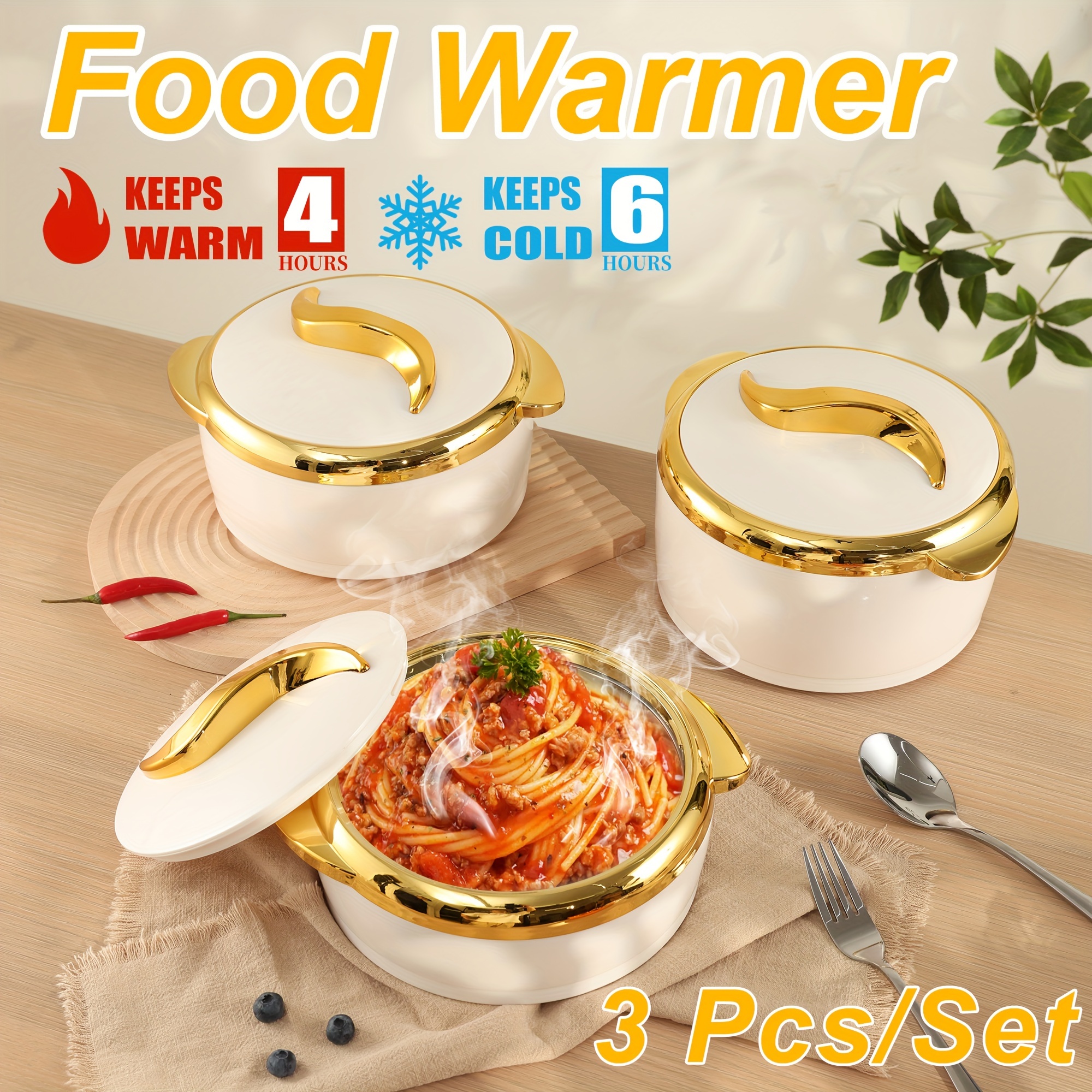 3 pcs white food warmer set thermal casserole dish set with lids insulated stainless steel container for hot cold food serving bowl for buffets hot pot sets food warmer pots and pans hot pot food warmer set 1 5l 2l 2 5l details 3