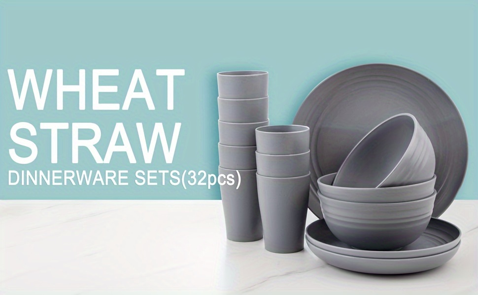 32pcs wheat straw dinnerware sets unbreakable dinnerware sets for 8 reusable tableware straw tableware dark grey set 16pcs plates 8pcs bowls 8pcs cups details 0