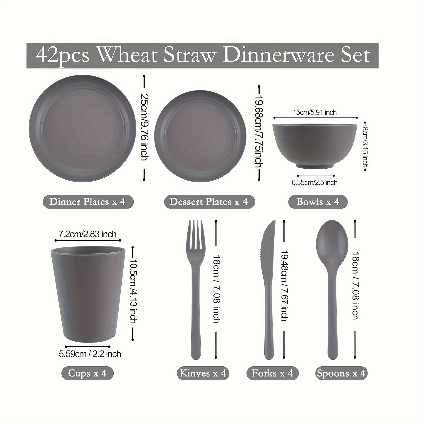 42pcs wheat straw dinnerware set reusable plastic plates dark grey unbreakable dinner plates plates and bowls sets hard premium deep dinner plates for college dorm room camping picninc details 0