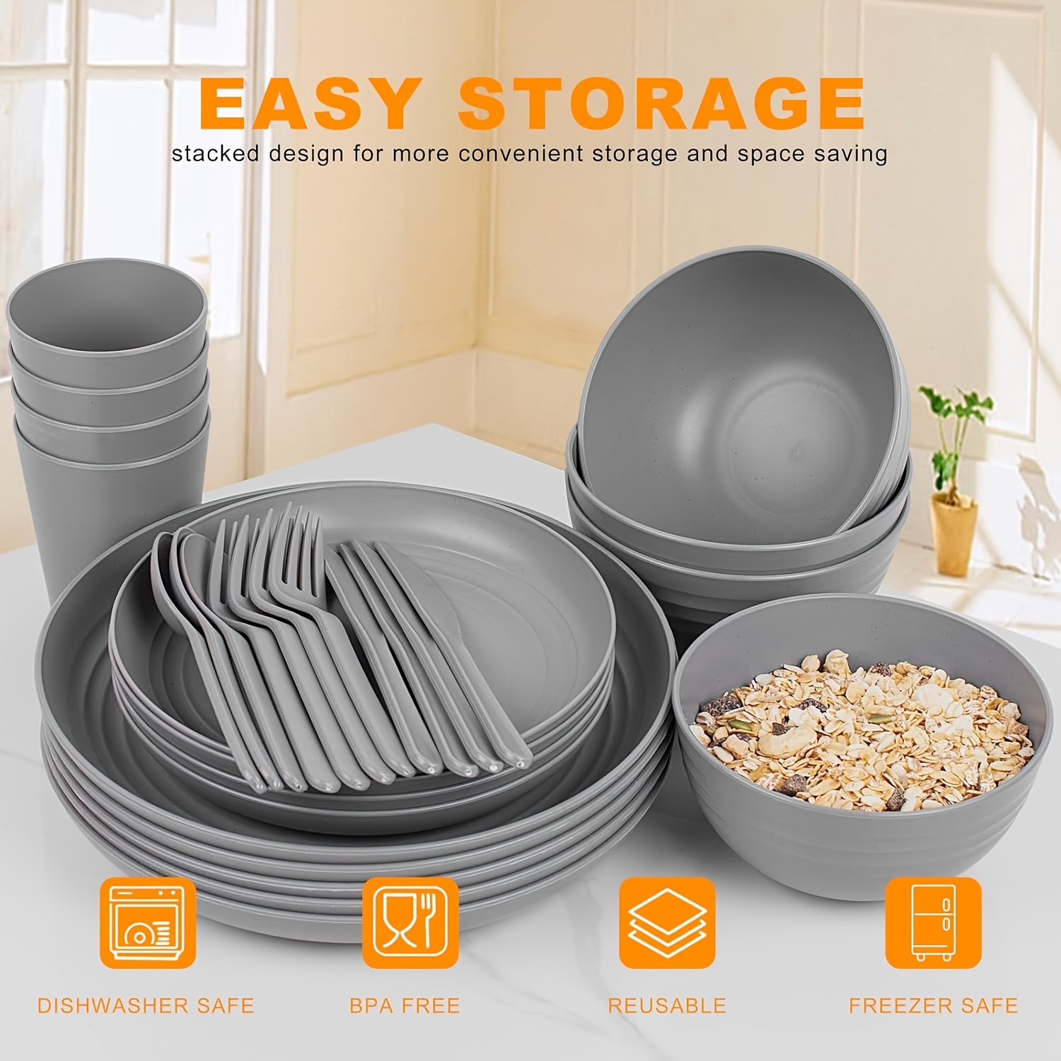 42pcs wheat straw dinnerware set reusable plastic plates dark grey unbreakable dinner plates plates and bowls sets hard premium deep dinner plates for college dorm room camping picninc details 1