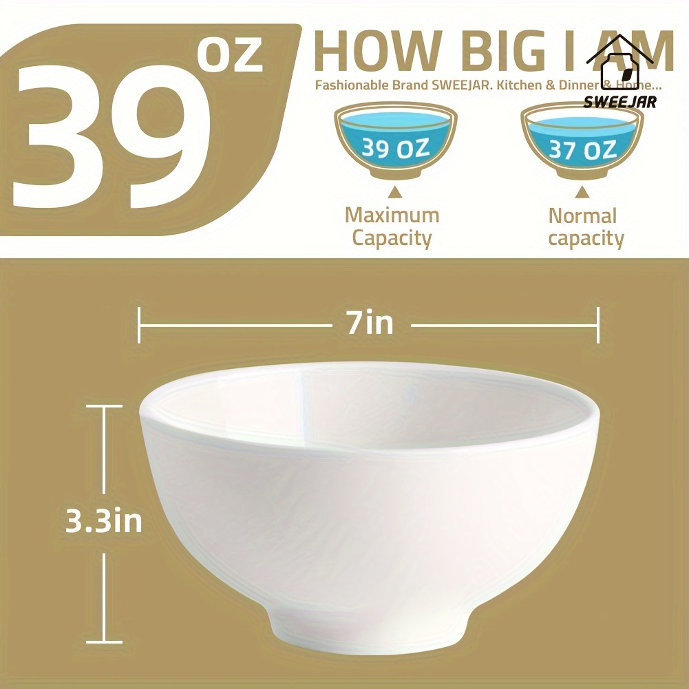   39 ounce porcelain serving bowls for salad pasta   7 inch ceramic bowl set for family daily use stackable bowls for kitchen set of 4 details 0