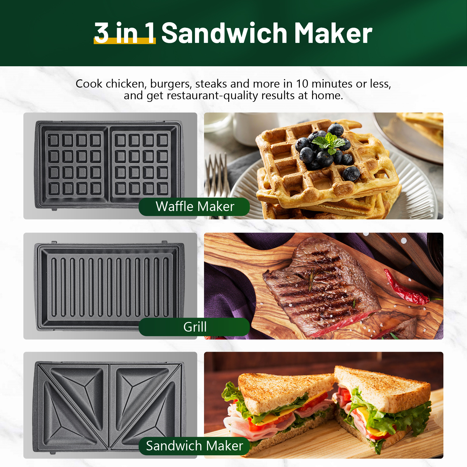   3 in 1 sandwich maker waffle maker with 3 removable non stick plates grill with dual sided heating easy clean and store 800  for cooking breakfast panini cheese and grill steak details 6