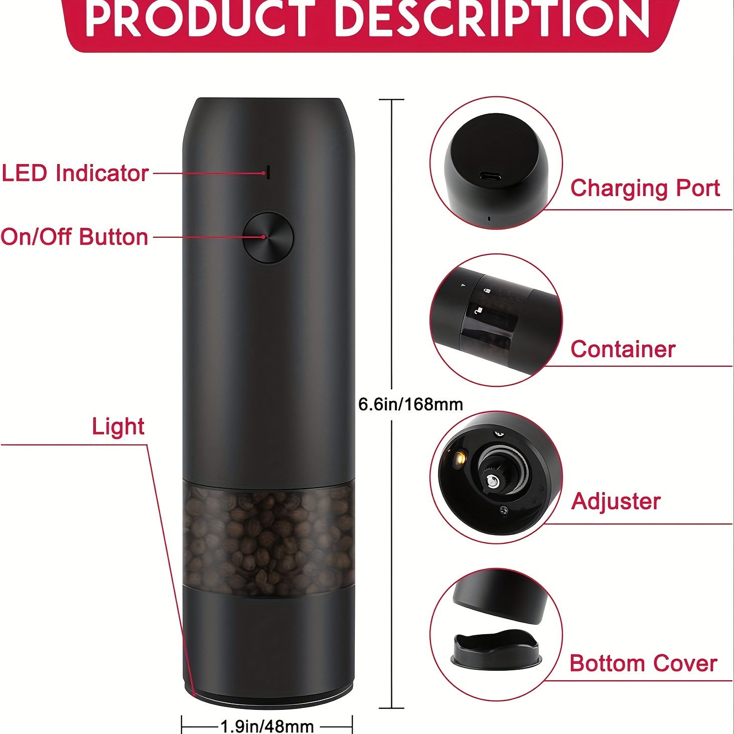   salt pepper grinder set battery powered household seasoning grinder portable handheld grinder for kitchen details 5